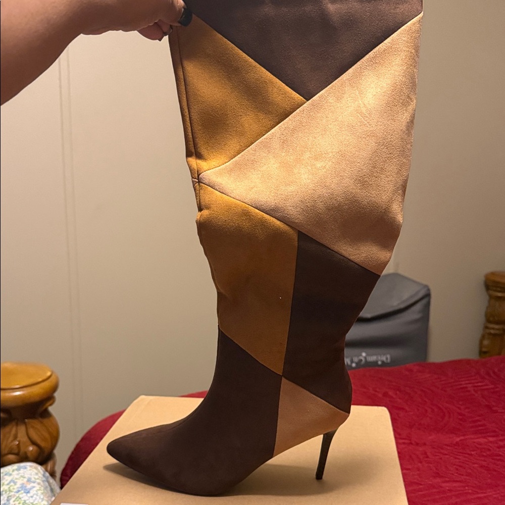 NWT JustFab Patchwork Heeled Boots - Brown and Tan